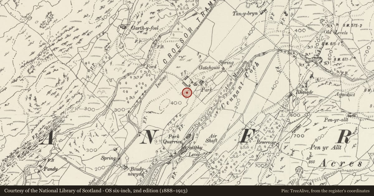 Ordnance Survey six-inch map, 2nd edition (1888–1913) covering the location of Walls to Enclosure adjoining L-shaped Agricultural Range at Parc, Llanfrothen, Gwynedd, with a pin at the register's coordinates
