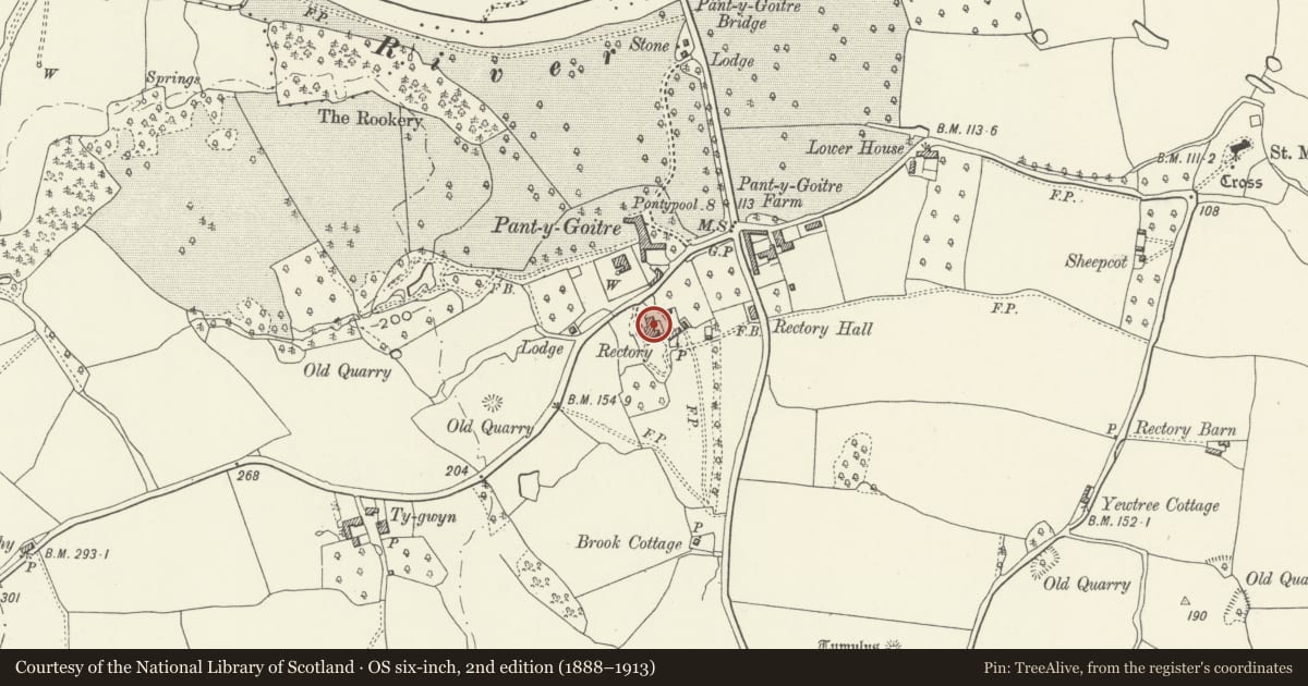 Ordnance Survey six-inch map, 2nd edition (1888–1913) covering the location of Llanfair Court, Gobion Fawr, Monmouthshire, with a pin at the register's coordinates