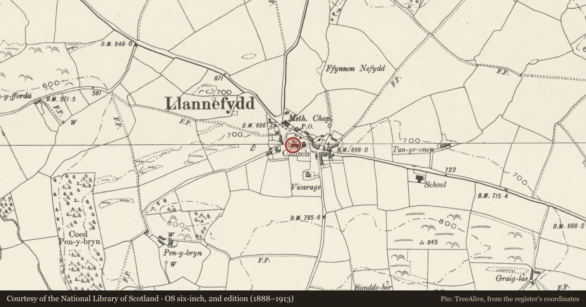 Ordnance Survey six-inch map, 2nd edition (1888–1913) covering the location of Sundial and base at the Church of St Nefydd and St Mary, Llannefydd, Conwy, with a pin at the register's coordinates