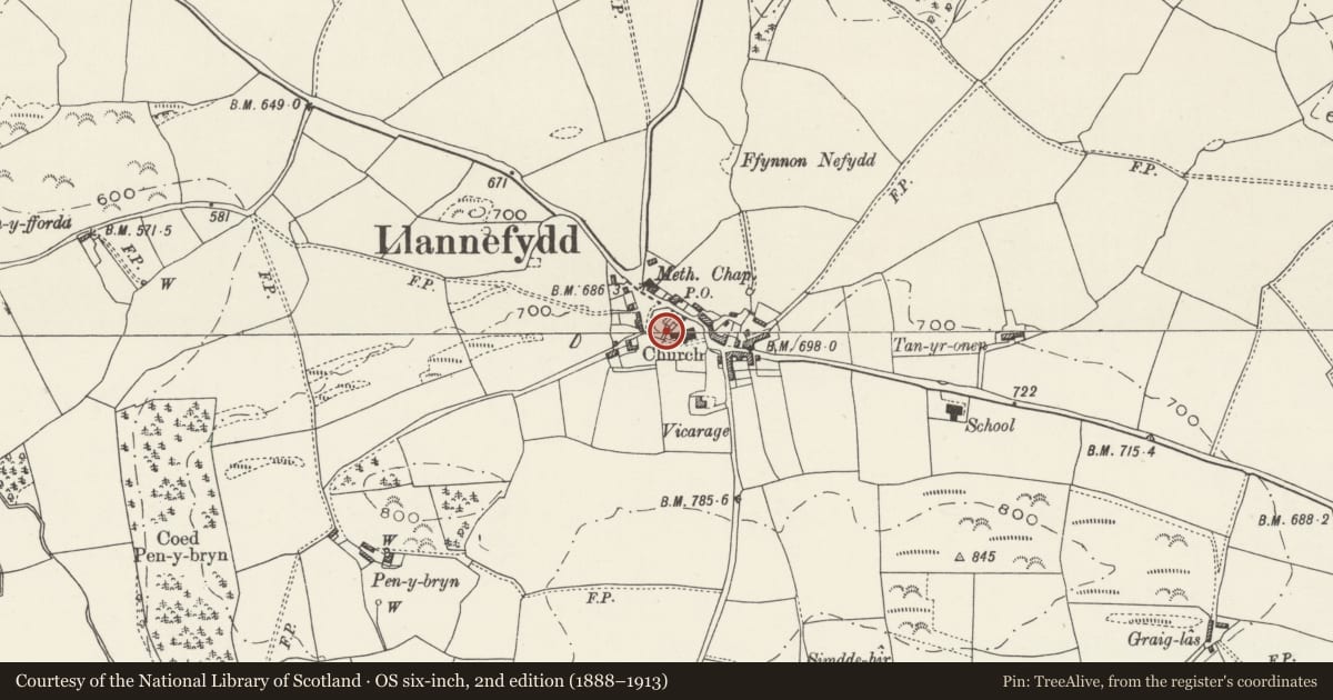 Ordnance Survey six-inch map, 2nd edition (1888–1913) covering the location of Bier-house at the Church of St Nefydd and St Mary, Llannefydd, Conwy, with a pin at the register's coordinates