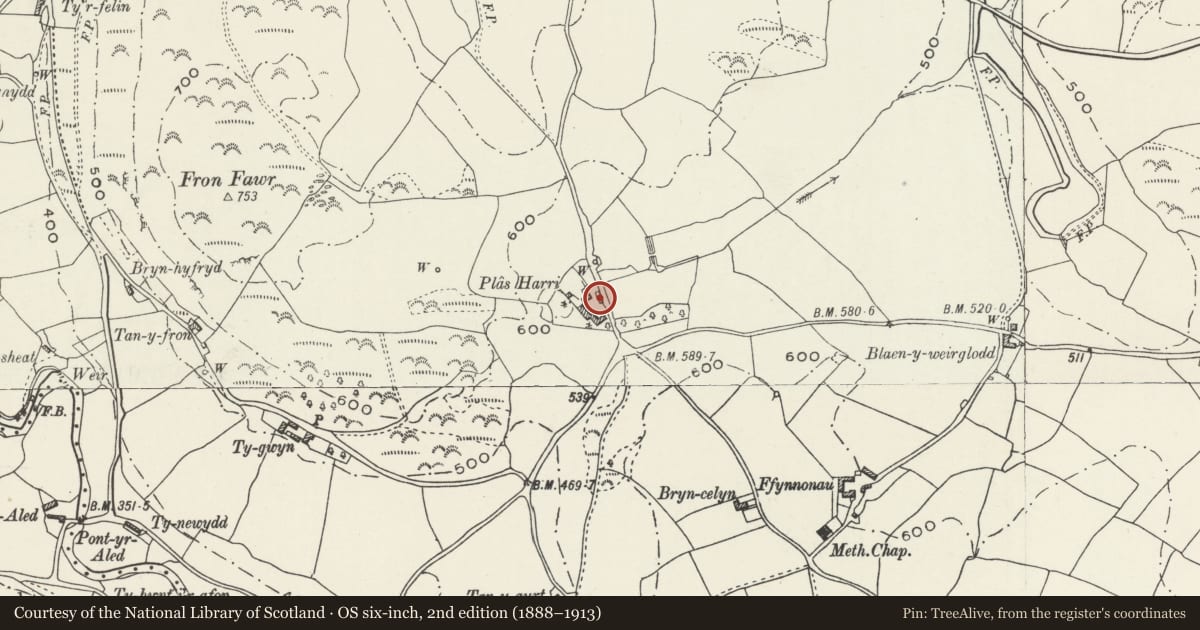 Ordnance Survey six-inch map, 2nd edition (1888–1913) covering the location of Brewhouse and Piggeries at Plas Harri, Llannefydd, Conwy, with a pin at the register's coordinates