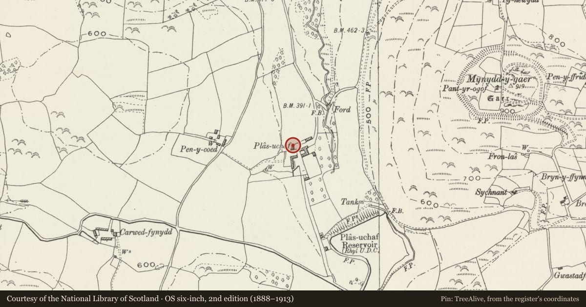 Ordnance Survey six-inch map, 2nd edition (1888–1913) covering the location of Barn Range at Plas Uchaf, Llannefydd, Conwy, with a pin at the register's coordinates