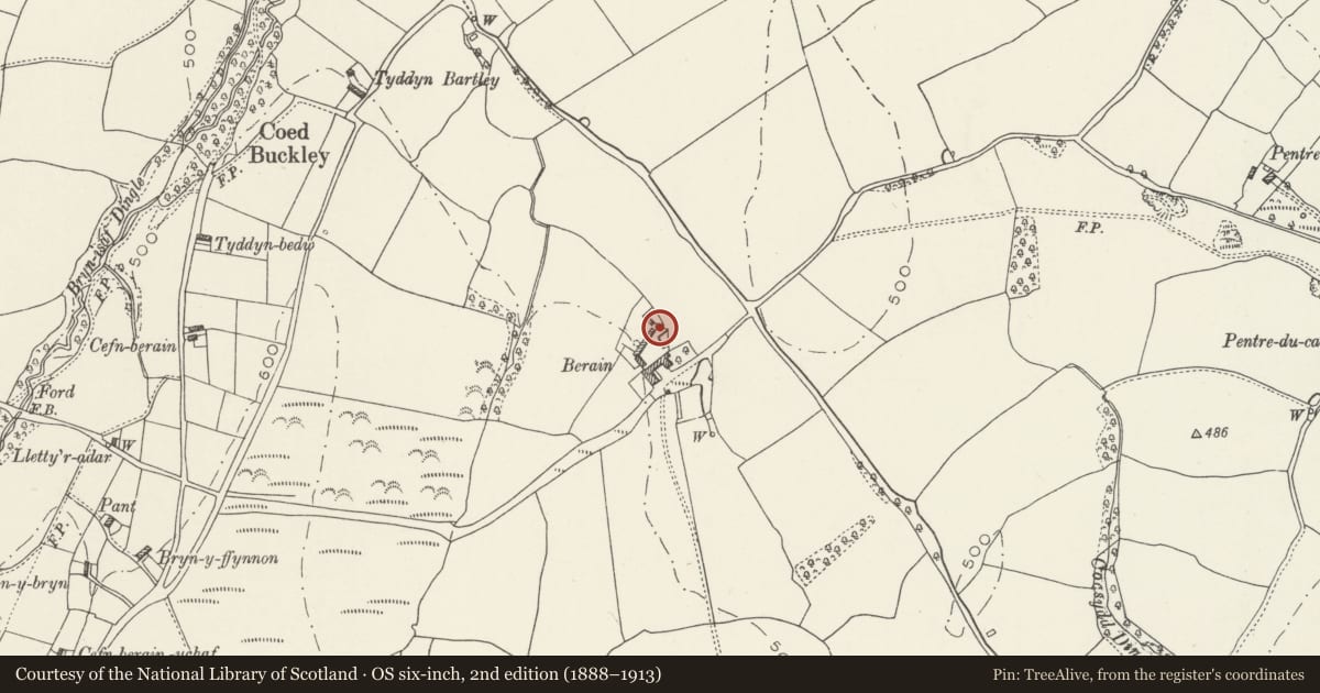 Ordnance Survey six-inch map, 2nd edition (1888–1913) covering the location of Former Carthouse at Berain, Llannefydd, Conwy, with a pin at the register's coordinates