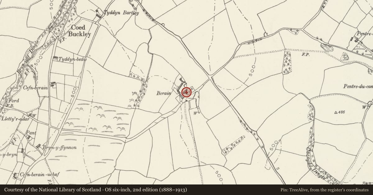 Ordnance Survey six-inch map, 2nd edition (1888–1913) covering the location of Brewhouse and Pigsty Range at Berain, Llannefydd, Conwy, with a pin at the register's coordinates