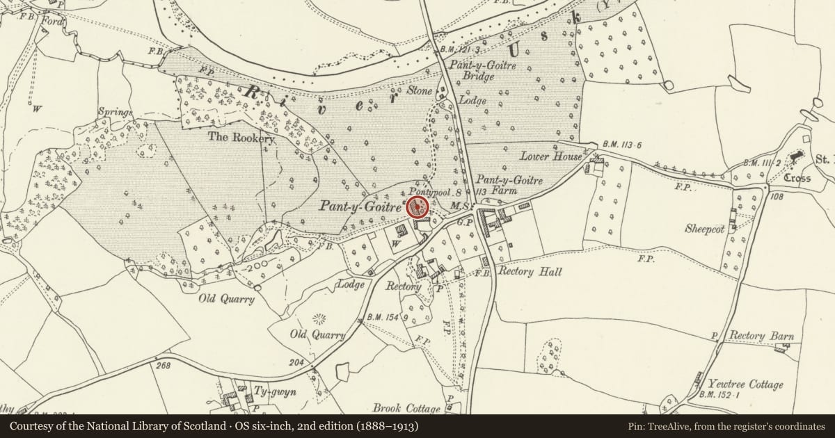 Ordnance Survey six-inch map, 2nd edition (1888–1913) covering the location of Pant-y-Goitre House, Gobion Fawr, Monmouthshire, with a pin at the register's coordinates