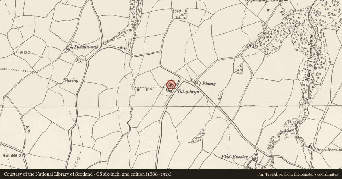 Ordnance Survey six-inch map, 2nd edition (1888–1913) covering the location of Tal-y-Bryn, Llannefydd, Conwy, with a pin at the register's coordinates