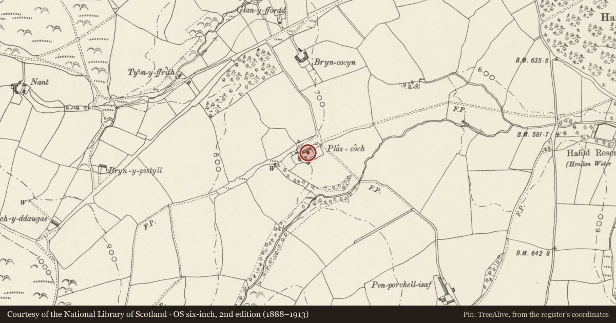 Ordnance Survey six-inch map, 2nd edition (1888–1913) covering the location of Agricultural Range at Plas Coch, Llannefydd, Conwy, with a pin at the register's coordinates