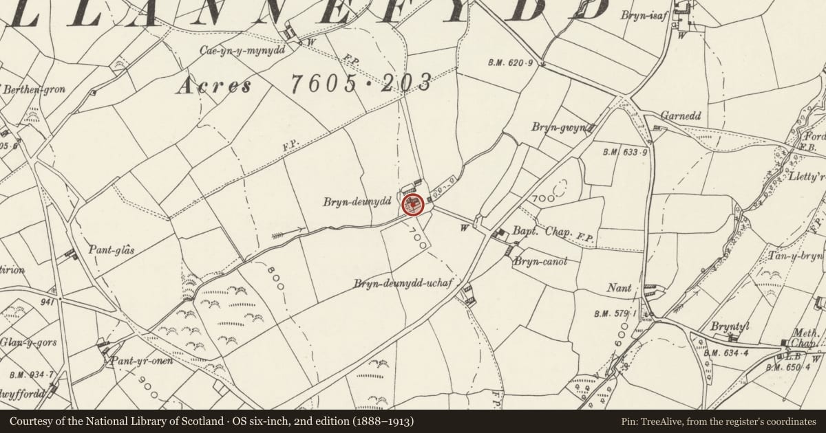 Ordnance Survey six-inch map, 2nd edition (1888–1913) covering the location of Bryn Deunydd, Llannefydd, Conwy, with a pin at the register's coordinates