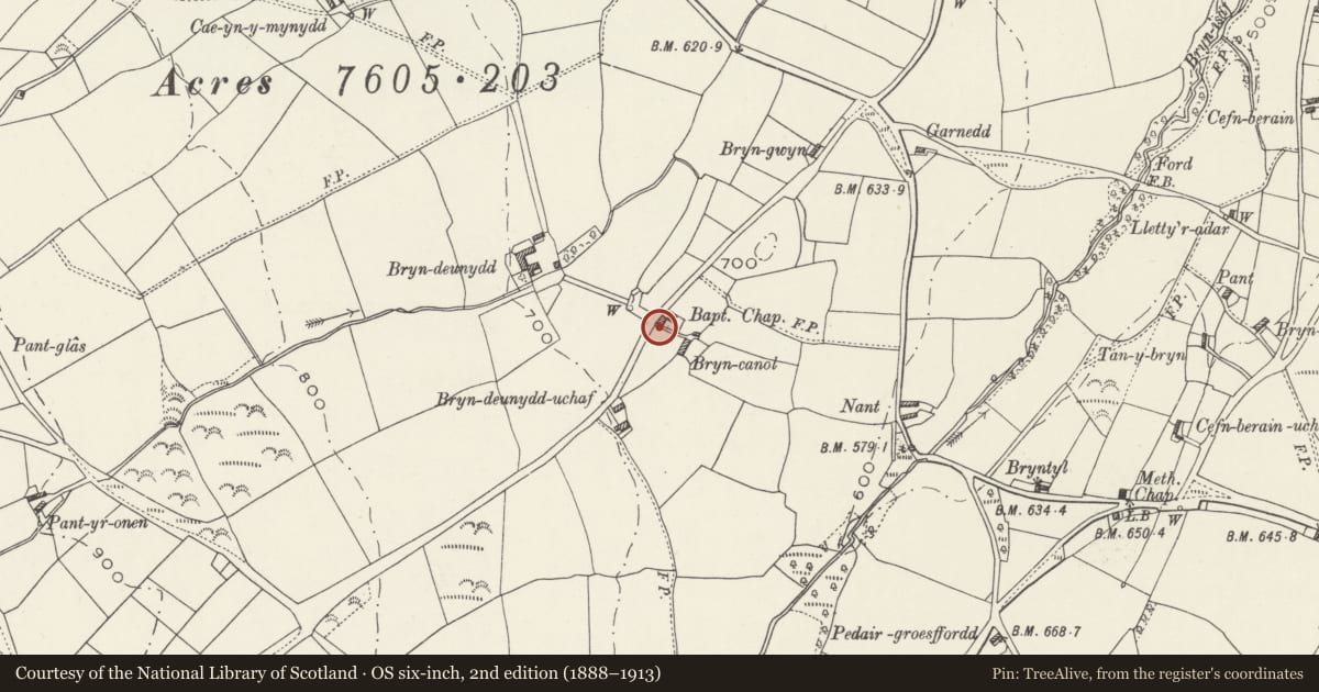 Ordnance Survey six-inch map, 2nd edition (1888–1913) covering the location of Bryn Deunydd Old Chapel, Llannefydd, Conwy, with a pin at the register's coordinates