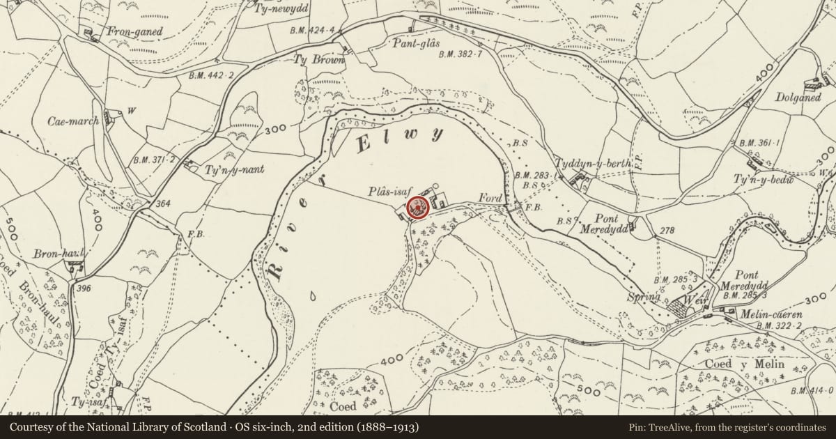 Ordnance Survey six-inch map, 2nd edition (1888–1913) covering the location of Plas Isaf, Llannefydd, Conwy, with a pin at the register's coordinates