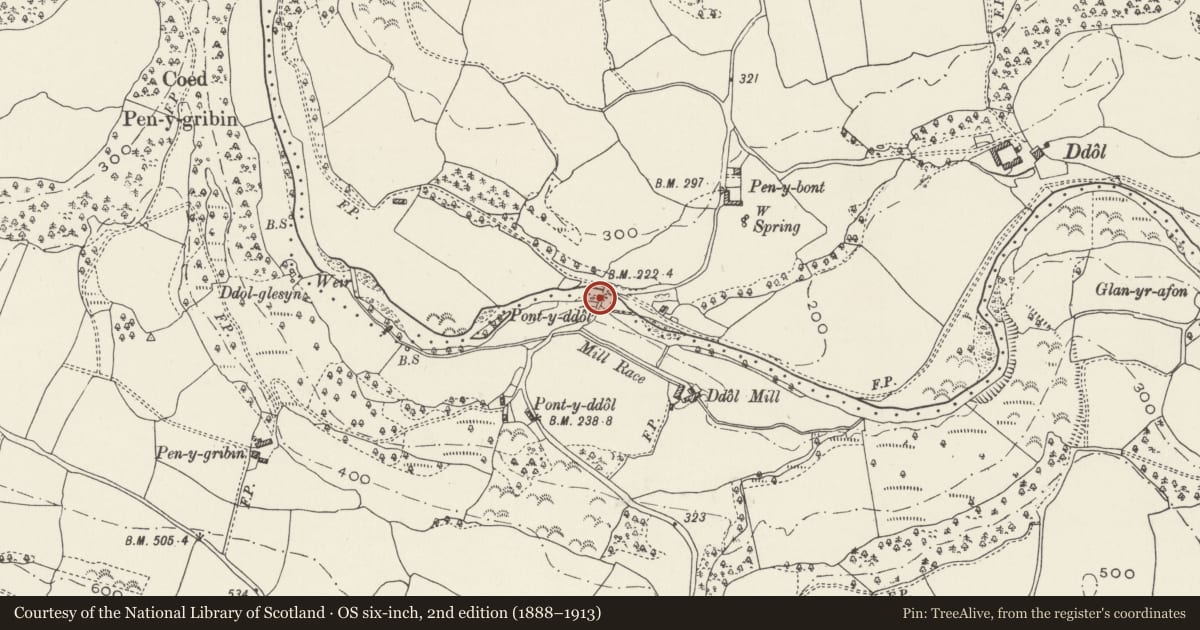 Ordnance Survey six-inch map, 2nd edition (1888–1913) covering the location of Pont-y-ddol (partly in Cefnmeiriadog community), Llannefydd, Conwy, with a pin at the register's coordinates