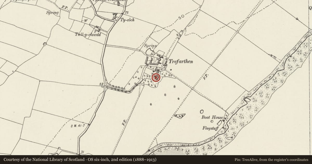 Ordnance Survey six-inch map, 2nd edition (1888–1913) covering the location of Trefarthen, Llanidan, Isle of Anglesey, with a pin at the register's coordinates