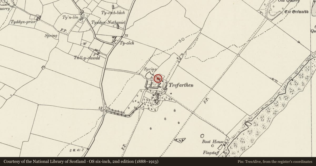 Ordnance Survey six-inch map, 2nd edition (1888–1913) covering the location of Corn-barn at Trefarthen (N side of yard), Llanidan, Isle of Anglesey, with a pin at the register's coordinates