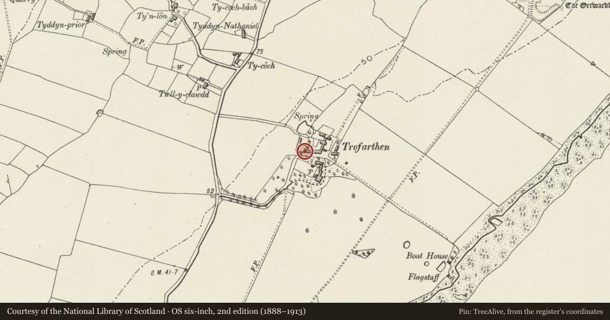 Ordnance Survey six-inch map, 2nd edition (1888–1913) covering the location of Mill and Waterwheel, with attached Stables, at Trefarthen, Llanidan, Isle of Anglesey, with a pin at the register's coordinates