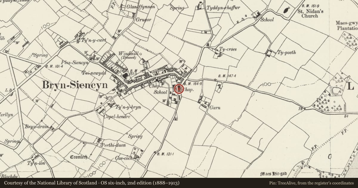 Ordnance Survey six-inch map, 2nd edition (1888–1913) covering the location of Ty Capel, Llanidan, Isle of Anglesey, with a pin at the register's coordinates