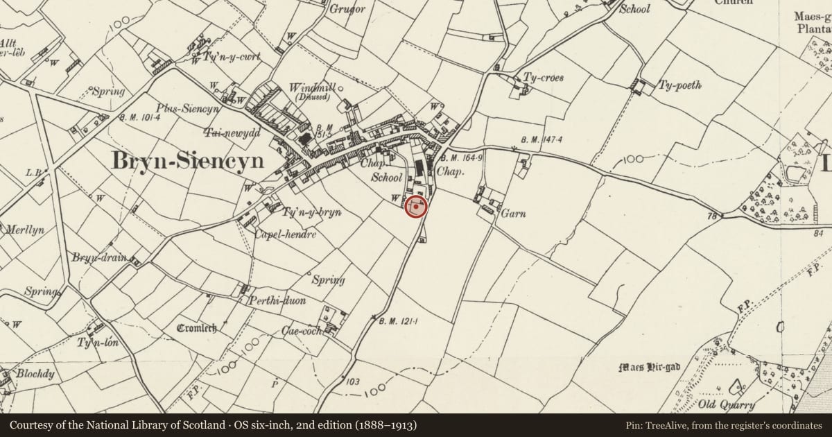Ordnance Survey six-inch map, 2nd edition (1888–1913) covering the location of Capel Libanus, Llanidan, Isle of Anglesey, with a pin at the register's coordinates