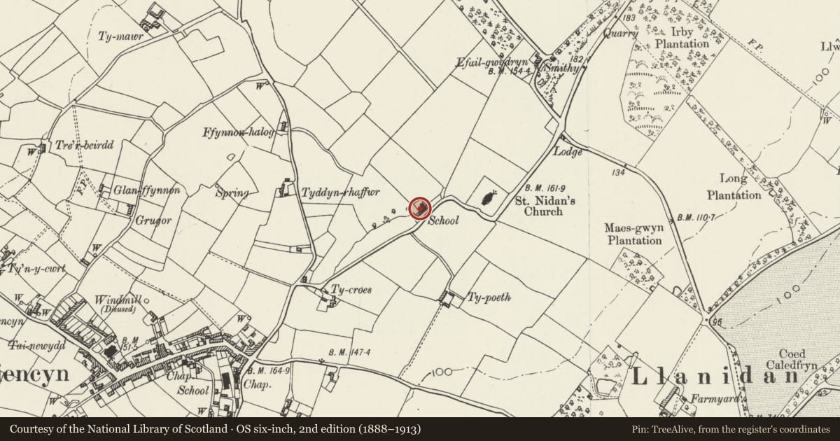 Ordnance Survey six-inch map, 2nd edition (1888–1913) covering the location of Hen Ysgol and Church Hall, Llanidan, Isle of Anglesey, with a pin at the register's coordinates