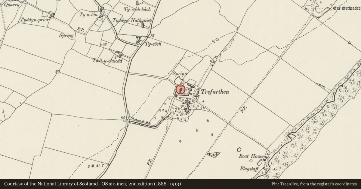 Ordnance Survey six-inch map, 2nd edition (1888–1913) covering the location of Pigsty and boiling house at Trefarthen, Llanidan, Isle of Anglesey, with a pin at the register's coordinates