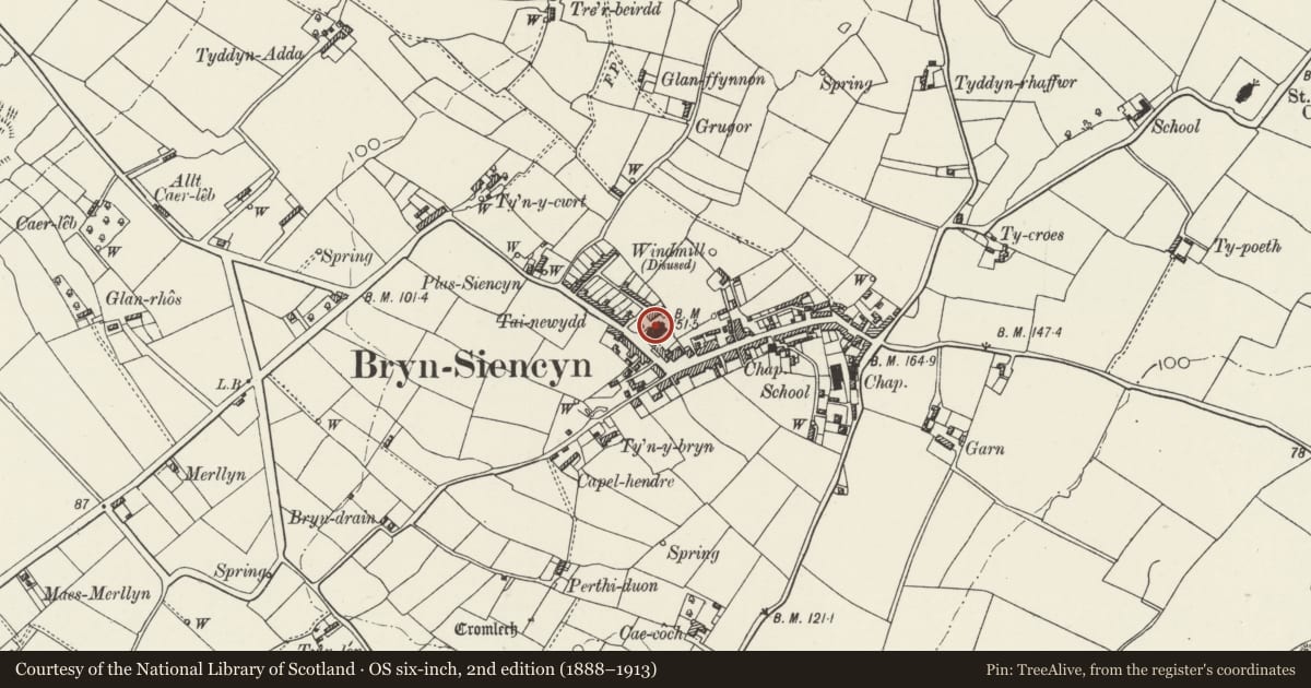 Ordnance Survey six-inch map, 2nd edition (1888–1913) covering the location of Capel Horeb, Llanidan, Isle of Anglesey, with a pin at the register's coordinates