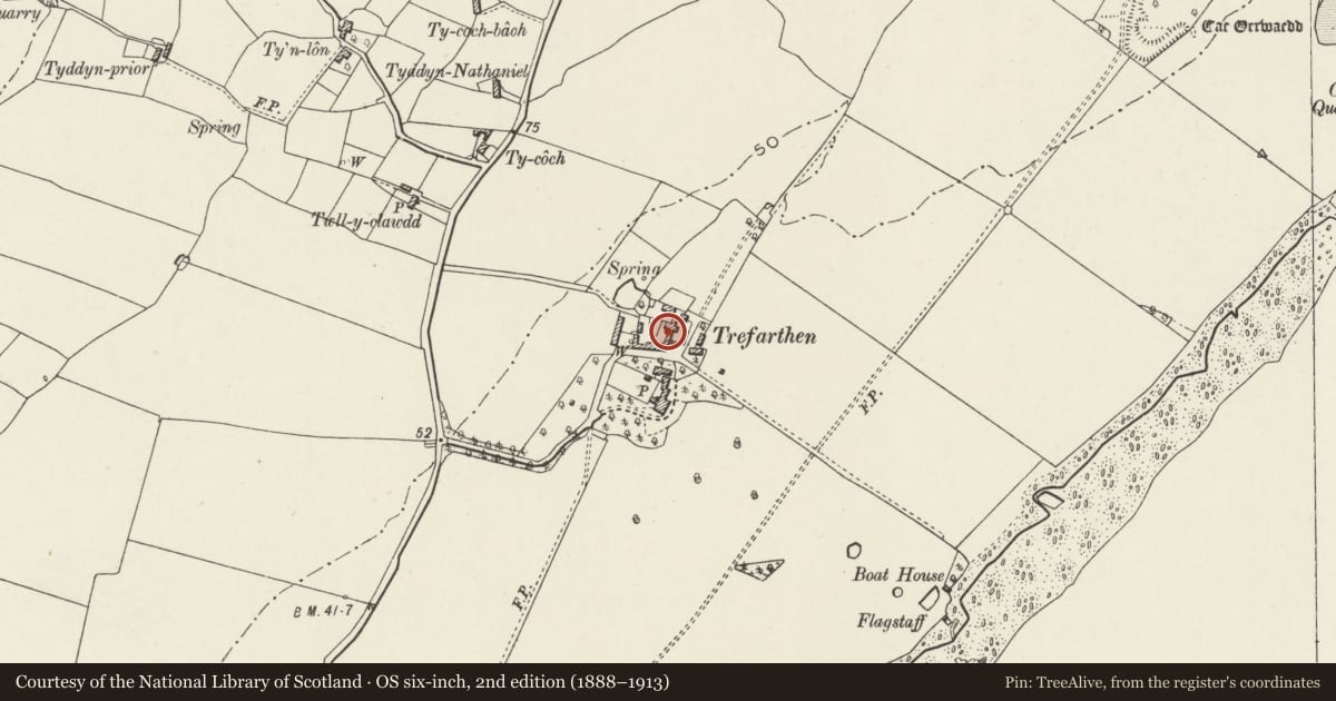 Ordnance Survey six-inch map, 2nd edition (1888–1913) covering the location of Cowhouse, Hammels and Cartshed at Trefarthen, Llanidan, Isle of Anglesey, with a pin at the register's coordinates