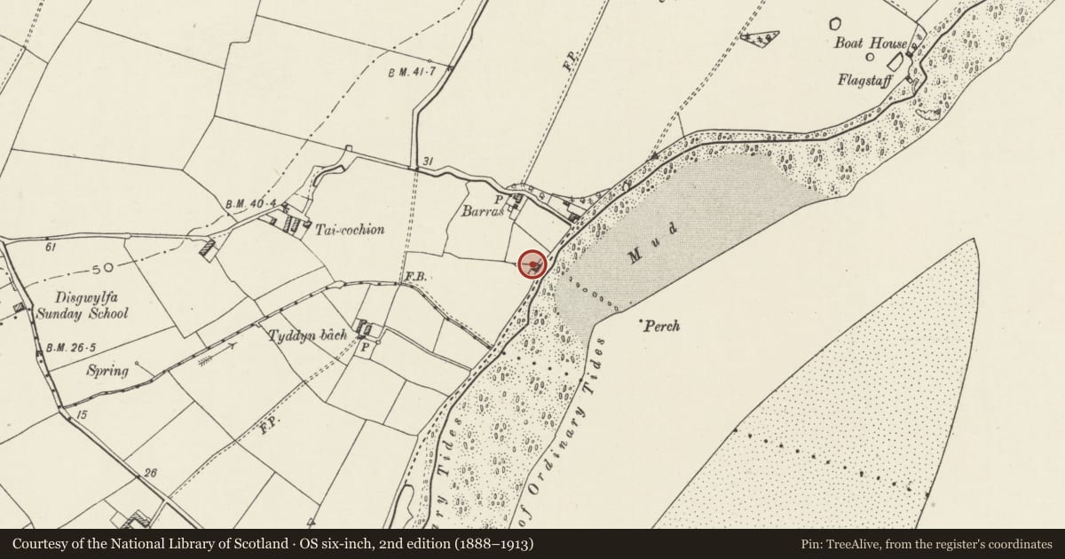 Ordnance Survey six-inch map, 2nd edition (1888–1913) covering the location of Yr Uncorn, Llanidan, Isle of Anglesey, with a pin at the register's coordinates