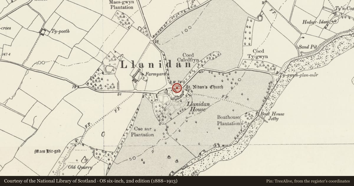 Ordnance Survey six-inch map, 2nd edition (1888–1913) covering the location of Wall of circular churchyard, St. Nidan's Church (Old Church), Llanidan, Isle of Anglesey, with a pin at the register's coordinates