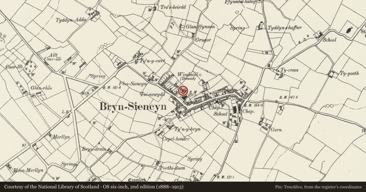 Ordnance Survey six-inch map, 2nd edition (1888–1913) covering the location of Capel Horeb Assembly rooms, Llanidan, Isle of Anglesey, with a pin at the register's coordinates