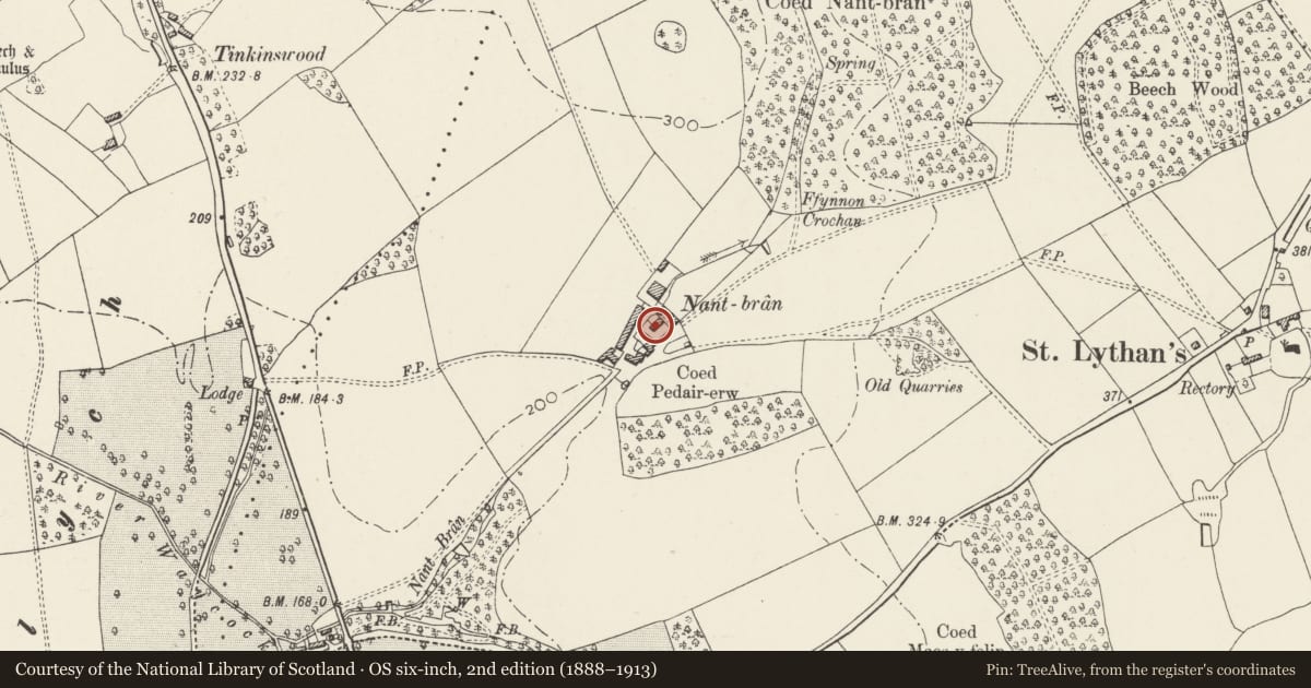 Ordnance Survey six-inch map, 2nd edition (1888–1913) covering the location of Nant Bran Farmhouse, Wenvoe, Vale of Glamorgan, with a pin at the register's coordinates