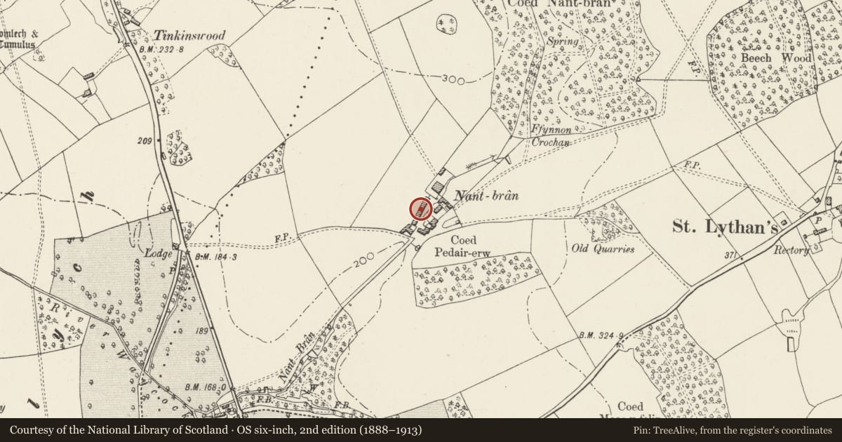 Ordnance Survey six-inch map, 2nd edition (1888–1913) covering the location of Agricultural Range opposite Nant Bran Farmhouse, Wenvoe, Vale of Glamorgan, with a pin at the register's coordinates