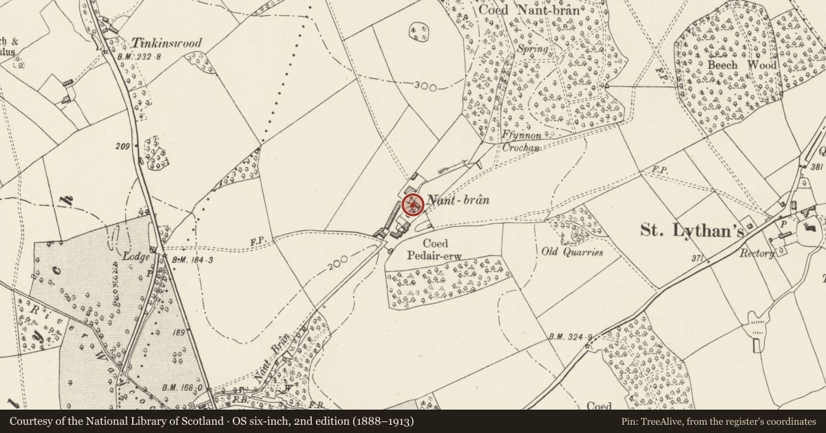 Ordnance Survey six-inch map, 2nd edition (1888–1913) covering the location of Outbuilding to N of Nant Bran Farmhouse, Wenvoe, Vale of Glamorgan, with a pin at the register's coordinates