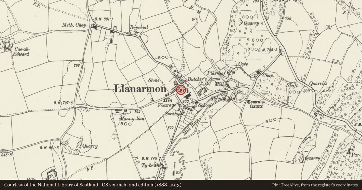 Ordnance Survey six-inch map, 2nd edition (1888–1913) covering the location of Bier House and Gates at Church of St Garmon, Llanarmon-yn-Ial, Denbighshire, with a pin at the register's coordinates
