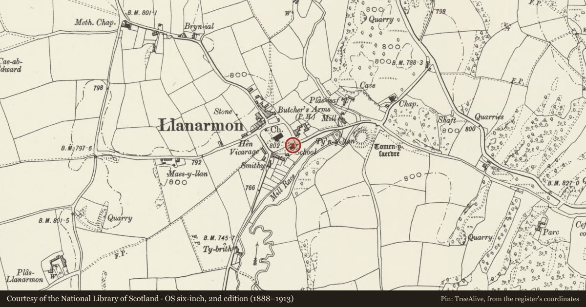 Ordnance Survey six-inch map, 2nd edition (1888–1913) covering the location of Former Church School, Llanarmon-yn-Ial, Denbighshire, with a pin at the register's coordinates