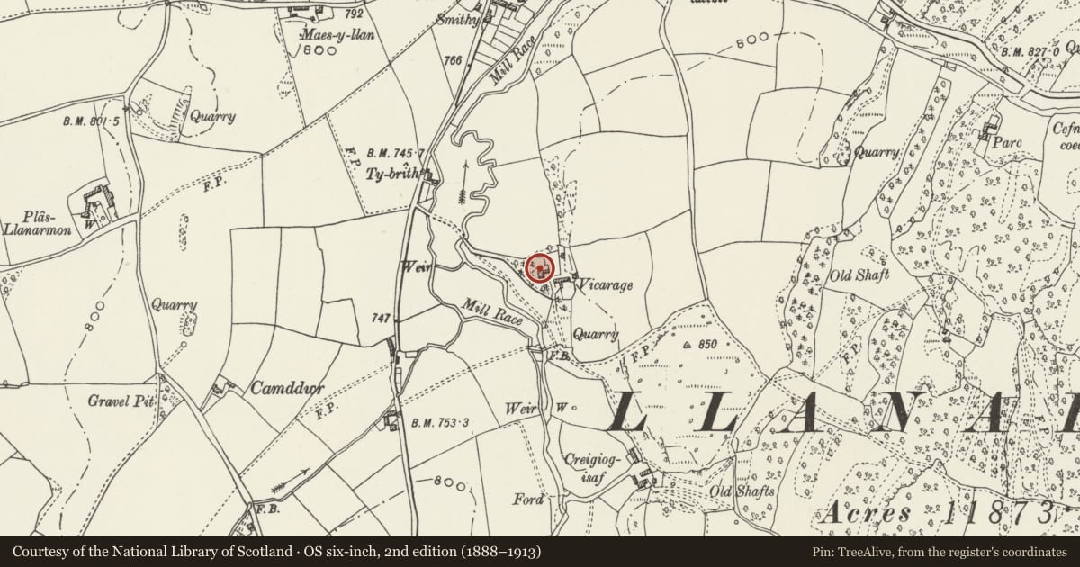 Ordnance Survey six-inch map, 2nd edition (1888–1913) covering the location of Alyn Bank, Llanarmon-yn-Ial, Denbighshire, with a pin at the register's coordinates