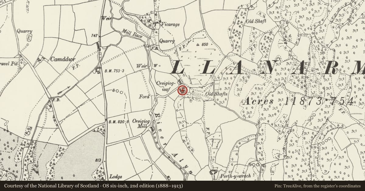 Ordnance Survey six-inch map, 2nd edition (1888–1913) covering the location of Creigiog Isaf, Llanarmon-yn-Ial, Denbighshire, with a pin at the register's coordinates
