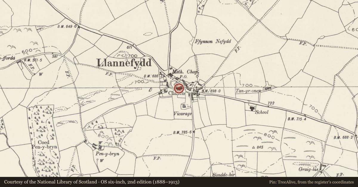 Ordnance Survey six-inch map, 2nd edition (1888–1913) covering the location of Church of St Nefydd and St Mary, Llannefydd, Conwy, with a pin at the register's coordinates