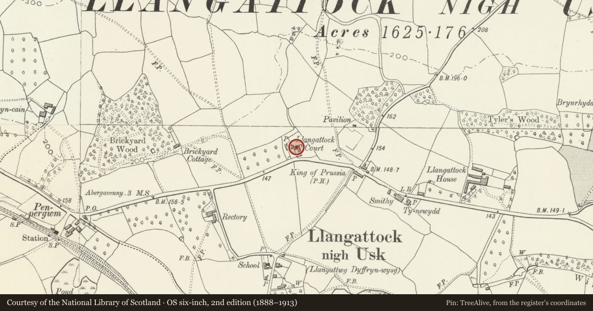 Ordnance Survey six-inch map, 2nd edition (1888–1913) covering the location of Llangattock Court, Gobion Fawr, Monmouthshire, with a pin at the register's coordinates