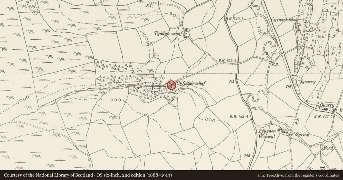 Ordnance Survey six-inch map, 2nd edition (1888–1913) covering the location of Cyfnant Uchaf and Barn, Llanarmon-yn-Ial, Denbighshire, with a pin at the register's coordinates