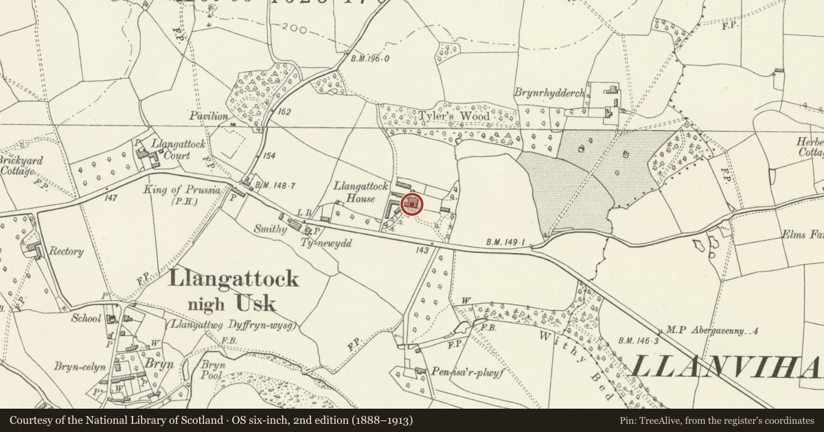 Ordnance Survey six-inch map, 2nd edition (1888–1913) covering the location of Llangattock House, Gobion Fawr, Monmouthshire, with a pin at the register's coordinates
