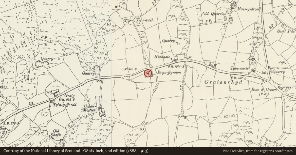 Ordnance Survey six-inch map, 2nd edition (1888–1913) covering the location of Cartshed Range at Bryn Ffynnon, Llanarmon-yn-Ial, Denbighshire, with a pin at the register's coordinates