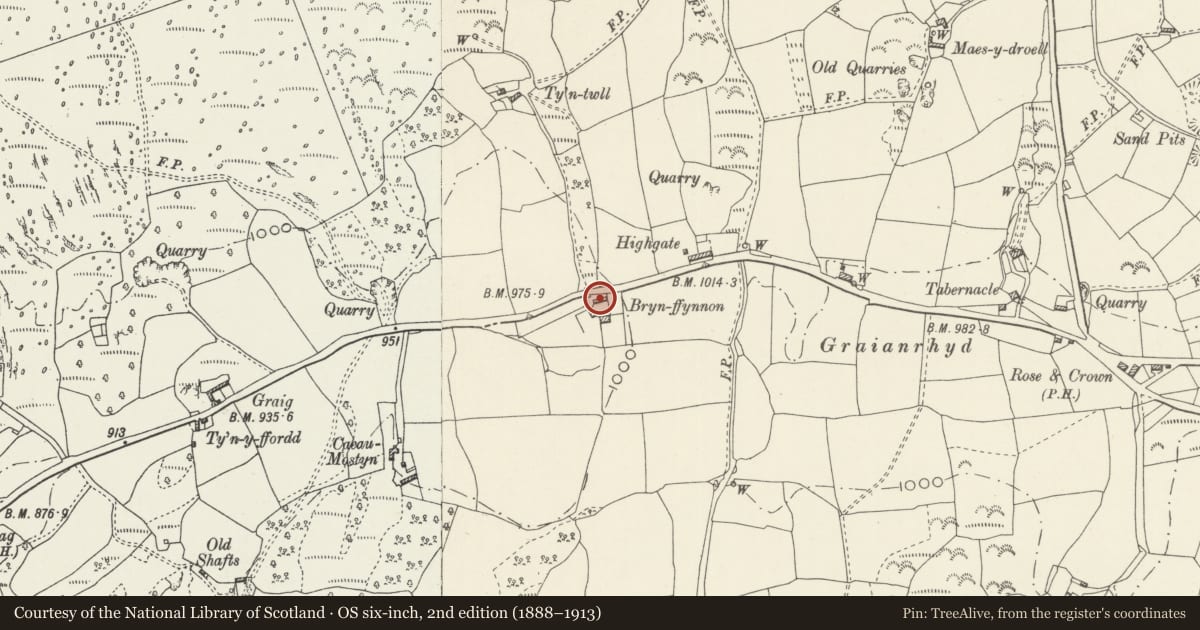 Ordnance Survey six-inch map, 2nd edition (1888–1913) covering the location of Barn and Stable Range at Bryn Ffynnon, Llanarmon-yn-Ial, Denbighshire, with a pin at the register's coordinates