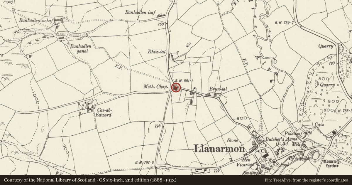 Ordnance Survey six-inch map, 2nd edition (1888–1913) covering the location of Capel Bethel, Llanarmon-yn-Ial, Denbighshire, with a pin at the register's coordinates