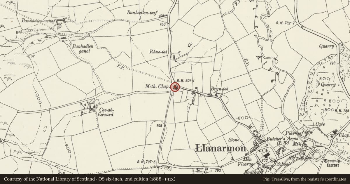 Ordnance Survey six-inch map, 2nd edition (1888–1913) covering the location of Ty Capel, Llanarmon-yn-Ial, Denbighshire, with a pin at the register's coordinates