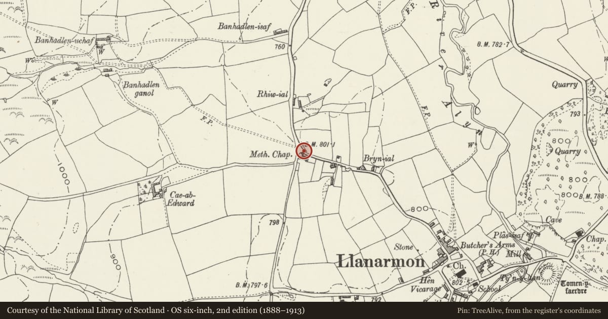 Ordnance Survey six-inch map, 2nd edition (1888–1913) covering the location of Parry Monument, Llanarmon-yn-Ial, Denbighshire, with a pin at the register's coordinates