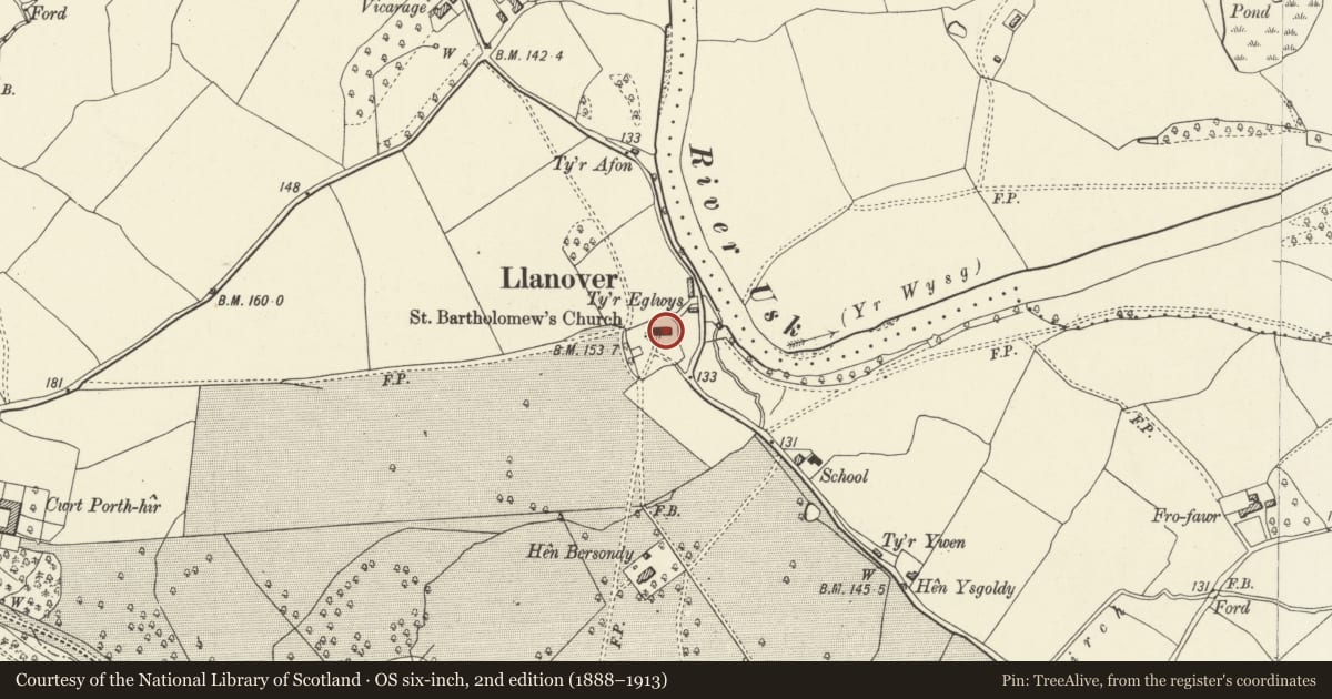 Ordnance Survey six-inch map, 2nd edition (1888–1913) covering the location of Church of St. Bartholomew, Goetre Fawr, Monmouthshire, with a pin at the register's coordinates