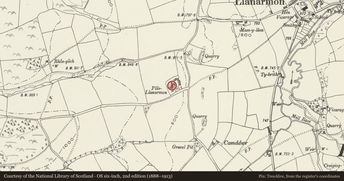 Ordnance Survey six-inch map, 2nd edition (1888–1913) covering the location of Plas Llanarmon, Llanarmon-yn-Ial, Denbighshire, with a pin at the register's coordinates