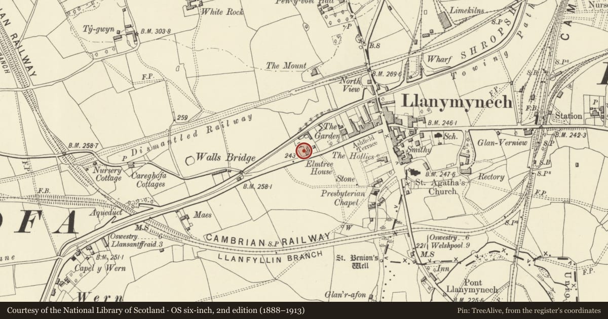 Ordnance Survey six-inch map, 2nd edition (1888–1913) covering the location of Old Elmtree Farmhouse and attached outbuilding, Carreghofa, Powys, with a pin at the register's coordinates