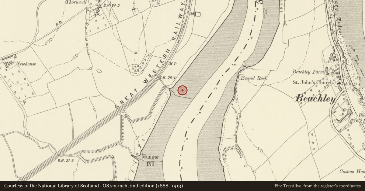 Ordnance Survey six-inch map, 2nd edition (1888–1913) covering the location of Wye Bridge (M48 Viaduct), Chepstow, Monmouthshire, with a pin at the register's coordinates