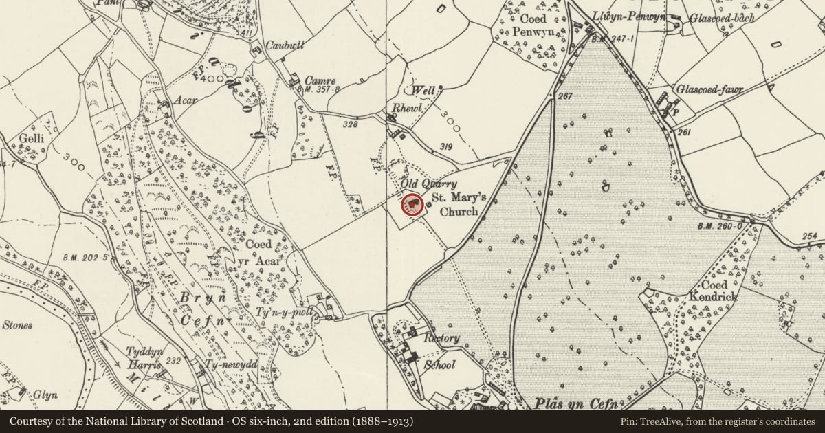 Ordnance Survey six-inch map, 2nd edition (1888–1913) covering the location of Church of St Mary, Cefnmeiriadog, Denbighshire, with a pin at the register's coordinates