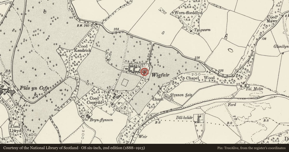 Ordnance Survey six-inch map, 2nd edition (1888–1913) covering the location of Wigfair Hall, Cefnmeiriadog, Denbighshire, with a pin at the register's coordinates