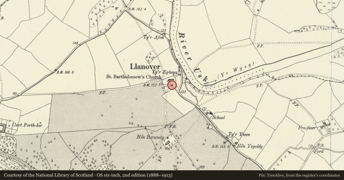 Ordnance Survey six-inch map, 2nd edition (1888–1913) covering the location of Cross in Churchyard of Church of St. Bartholomew, Goetre Fawr, Monmouthshire, with a pin at the register's coordinates